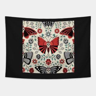 Gothic Halloween design of Skulls and Butterflies and flowers on a light background Tapestry