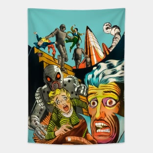 Scary Face Robots Attack Rocket Science Fiction Space Adventures Extraterrestrial Invasion Retro Comic Vintage Old Cartoon Tapestry