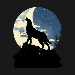 Lunar Serenade: Black Wolf by Moon and Stars | Pop Culture Mashup T-Shirt