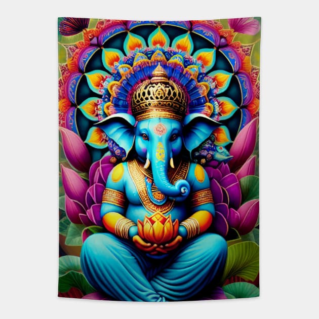 Ganesh sitting on a lotus flower Mandala Tapestry by mariasshop