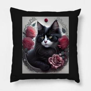 Cat with Roses - Modern digital art Pillow