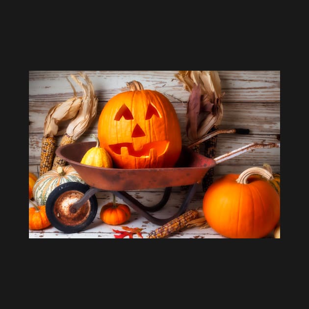 Carved Pumpkin In Old Wheelbarrow by photogarry