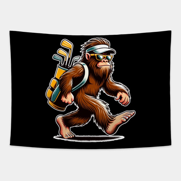 Funny Golf Novelty Sasquatch Bigfoot Golfing Tapestry by KsuAnn