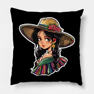 Cinco de mayo cute mexican anime girl with colorful sumbrero Pillow