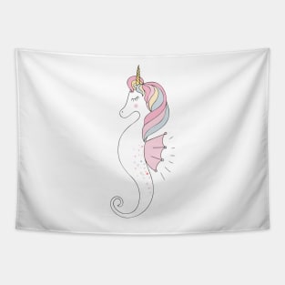 Pastel Rainbow Unicorn Seahorse with Stars, Pearls and Hearts Tapestry