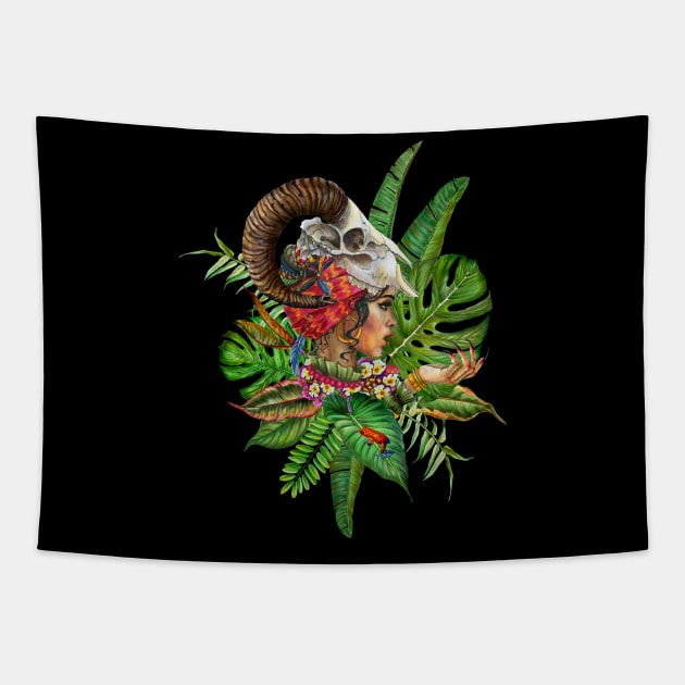 Wicca witch animal scull Tapestry by Merilinwitch