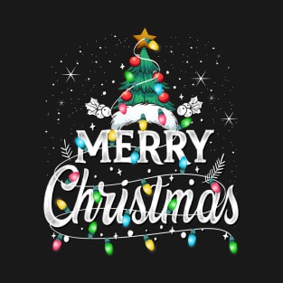 Merry Christmas Tree Lights Santa Hat Xmas Family Men Women T-Shirt