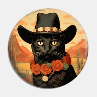 Retro Vintage Cowboy Black Cat - Whiskered Wild West Adventure Pin