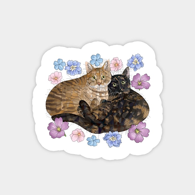 Two Cats with  Flowers Magnet by Blacklightco