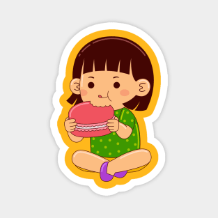 girl kids eating macaroon Magnet