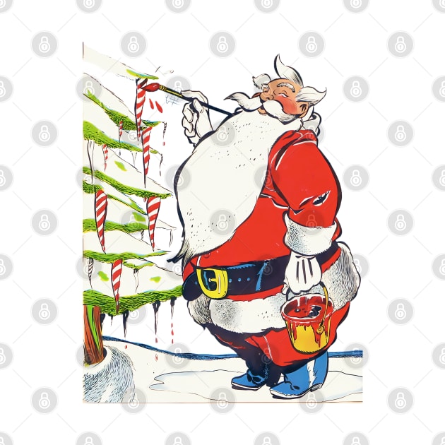 Santa Claus Painting the ice stalactites of the Christmas Pine Retro Vintage Comic Cartoon by REVISTANGO