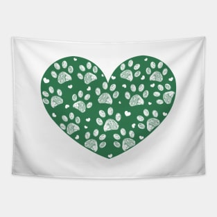 Green hand drawn doodle paw prints Tapestry