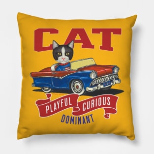 Funny cute kitty cat in a classic retro vintage car with red white and blue flags Pillow