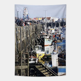 Fishing boats moored along Scarborough sea front, Yorkshire, UK Tapestry