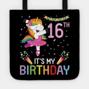 Unicorn Dancing Congratulating 16th Time It's My Birthday 16 Years Old Born In 2005 Tote