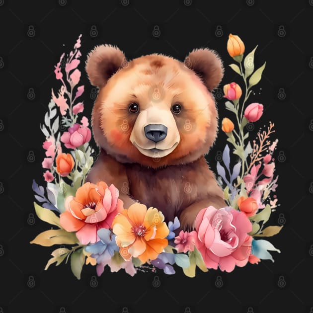 A brown bear decorated with beautiful watercolor flowers by CreativeSparkzz