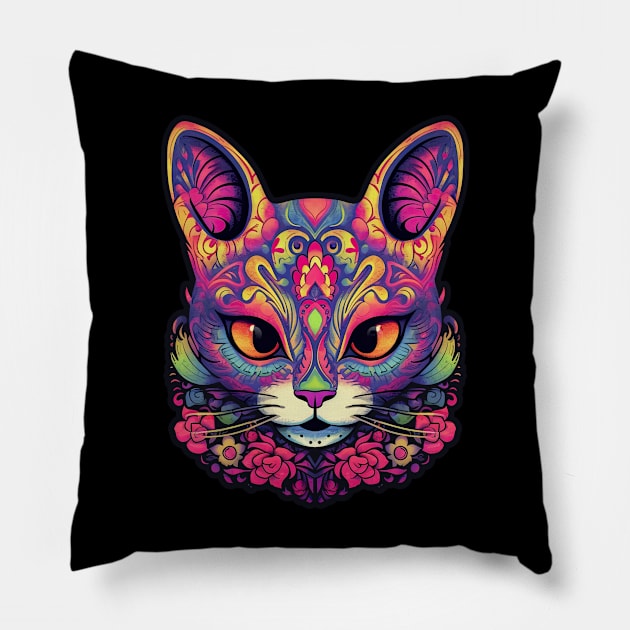 Tropical Sunrise Sugar Skull Cat Pillow by DanielLiamGill