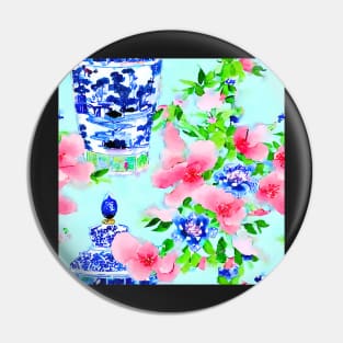 Peonies and chinoiserie jars on blue Pin