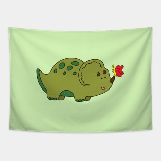 cute green triceratops dinosaur with little butterfly Tapestry