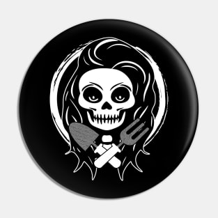 Female Gardener Skull and Garden Tools White Logo Pin