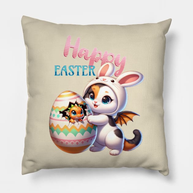 Happy Easter bunny cat with dragon baby Pillow by BrisaArtPrints