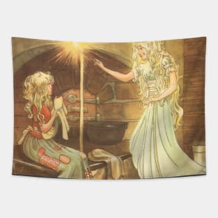 Vintage Fairy Tale, Cinderella in Rags and Fairy Godmother with Magic Wand Tapestry