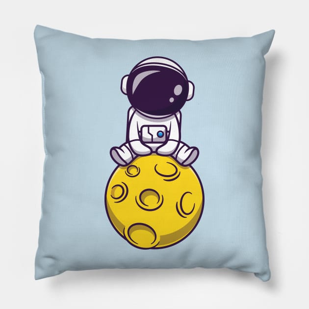 Cute Astronaut Sitting On Moon Cartoon Pillow by Catalyst Labs