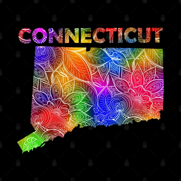 Colorful mandala art map of Connecticut with text in multicolor pattern by Happy Citizen