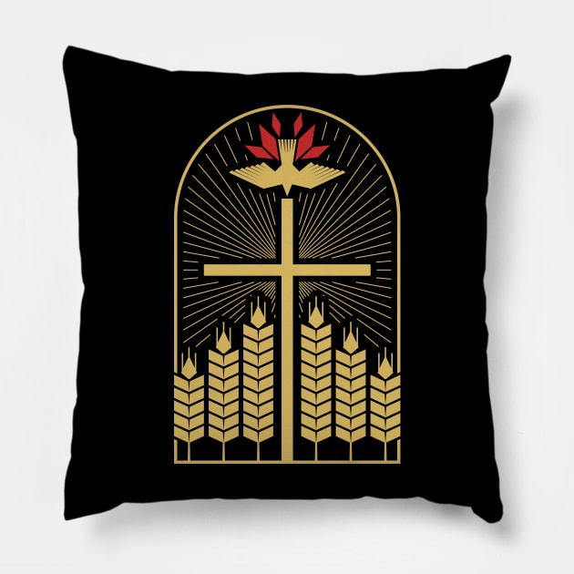 The cross of Christ, ripe ears of wheat and a dove - a symbol of the Holy Spirit. Pillow by Reformer