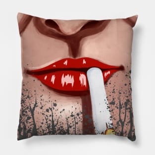 Cigarette Smoking Red Lips and Dark Forest Pillow