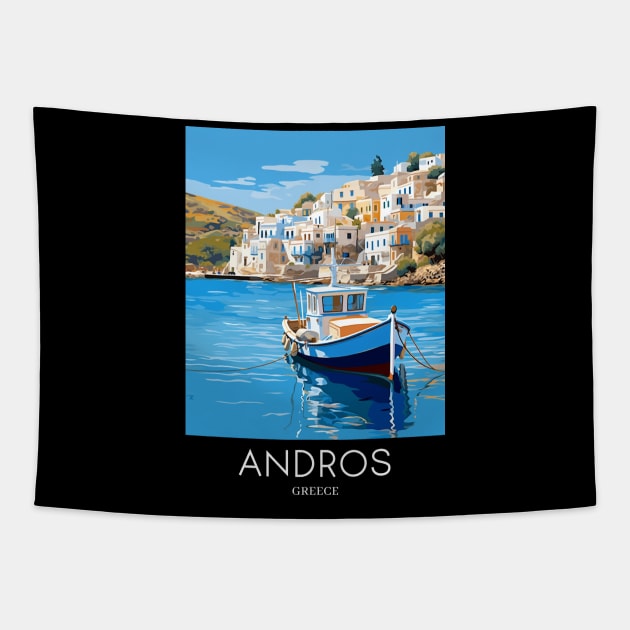 A Pop Art Travel Print of Chora Andros Island - Greece Tapestry by Studio Red Koala