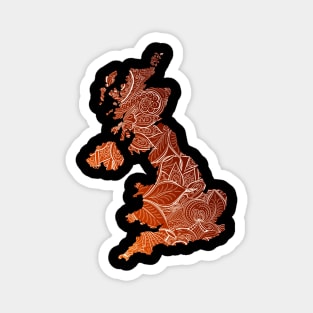 Colorful mandala art map of United Kingdom with text in brown and orange Magnet