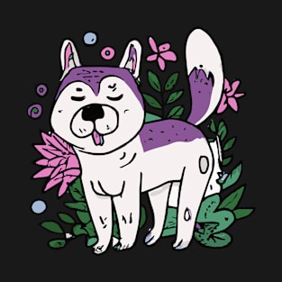 Husky with Plants And Flowers Dog Lover Malamute T-Shirt