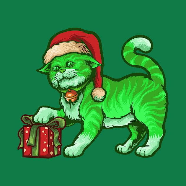 Funny Poisonous Green Cat Santa Claus Looking For Presents by peter2art