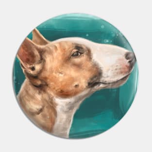 Painting of a Brown and White Bull Terrier on Teal Blue Background Pin