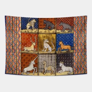 MEDIEVAL BESTIARY FANTASTIC ANIMALS IN GOLD RED BLUE COLORS Tapestry