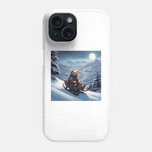 Teddy on a sledge riding down a hill in the snow Phone Case