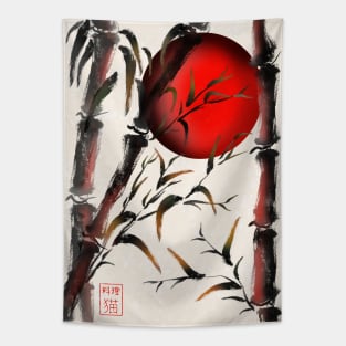 Sumi-e bamboo forest with a red rising sun Tapestry