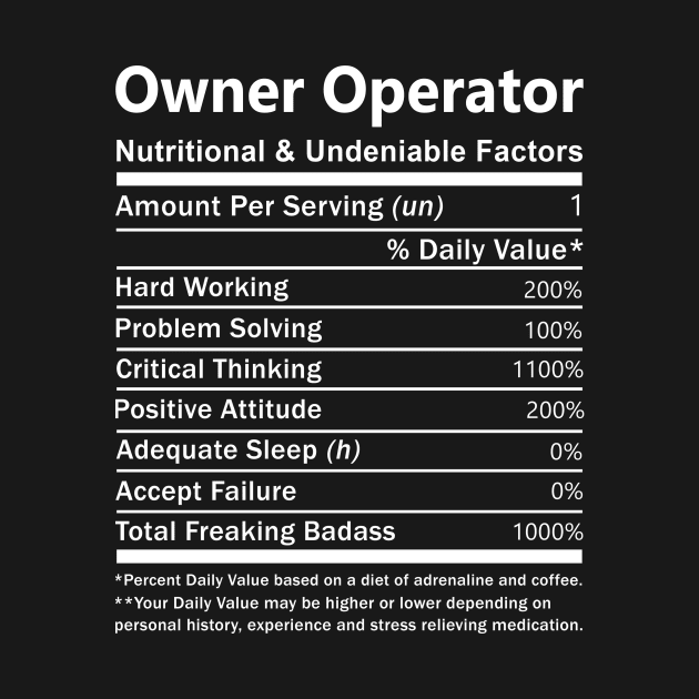 Owner Operator T Shirt - Nutritional and Undeniable Factors Gift Item Tee by Ryalgi