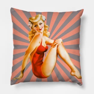 Blonde Pin-Up Girl in Red Graphic Design Pillow