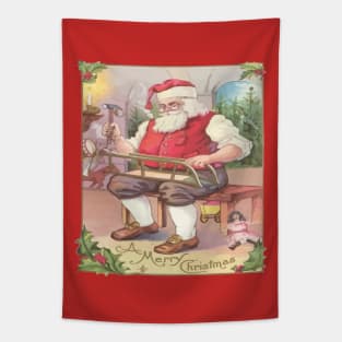 Vintage Merry Christmas Santa Claus Toy Workshop Tapestry