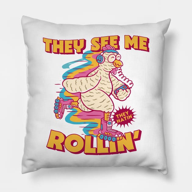 They See Me Rollin' They Hatin' // Funny Rollerblade Chicken // Retro Rollerblading Pillow by Now Boarding