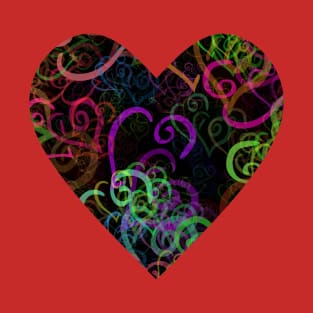 Crazy Vivid Color Curvy Hearts Shapes on Black T-Shirt