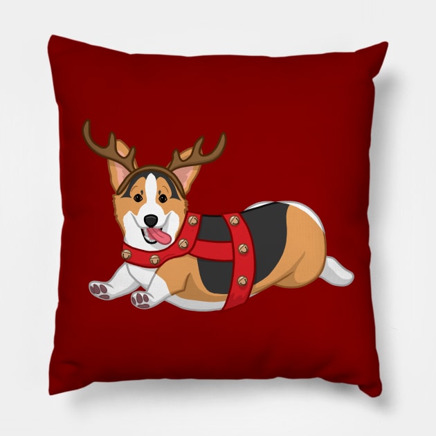 Cute Black & Tan Corgi in Christmas Reindeer Costume Pillow by csforest