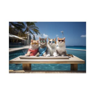 4 Cats Sunbathing Wearing Sun Glasses On a Wooden Deck T-Shirt