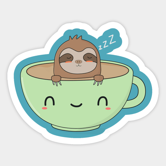 Cute Adorable Kawaii Happy Chibi Sloth with Coffee Cartoon