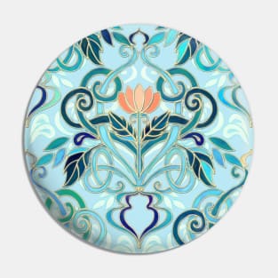 Ocean Aqua Art Nouveau Pattern with Peach Flowers Pin