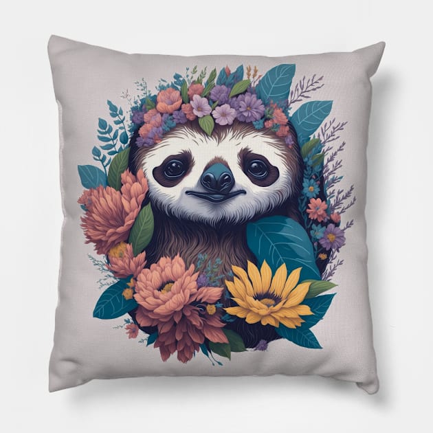 Cute Sloth face peeking out of flowers and foliage with flowers and foliage t-shirts and apparel, stickers, mugs, cases, pillow, water bottle Pillow by LyndaMacDesigns