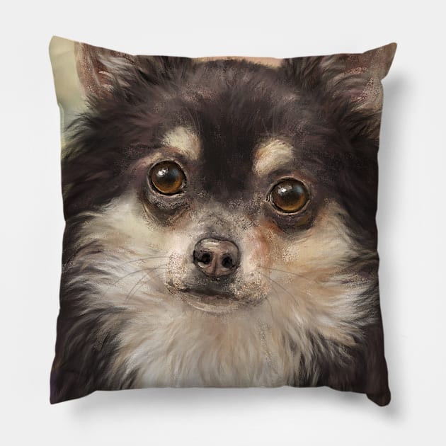 Cute Furry Brown and White Chihuahua on Orange Background Pillow by ibadishi