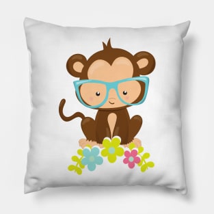 Hipster Monkey, Monkey With Glasses, Flowers Pillow